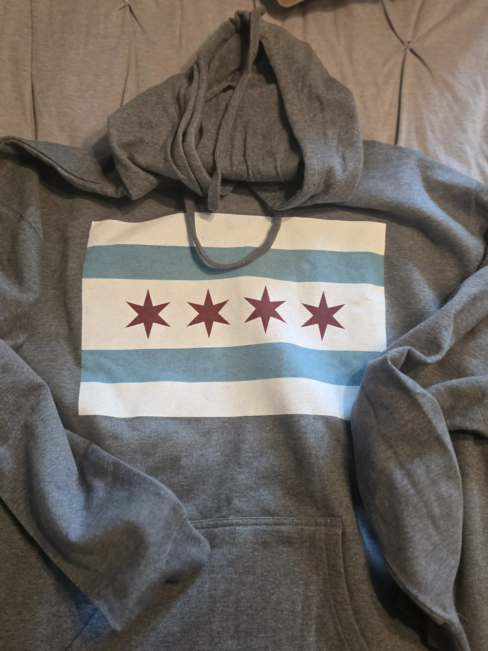 Grey Hoodie with Chicago Star Stripe Graphic - Men's Sweatshirt